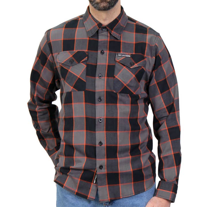 Hot Leathers FLM2020 Men's 'Black, Gray and Orange' Flannel Long Sleeve Shirt for wholesale by Hot Leathers