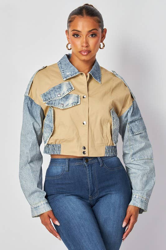 House of E ATL LLC – wholesale Denim jacket – Women's – Denim Contrast Crop Button Up Jacket - HOEA9746