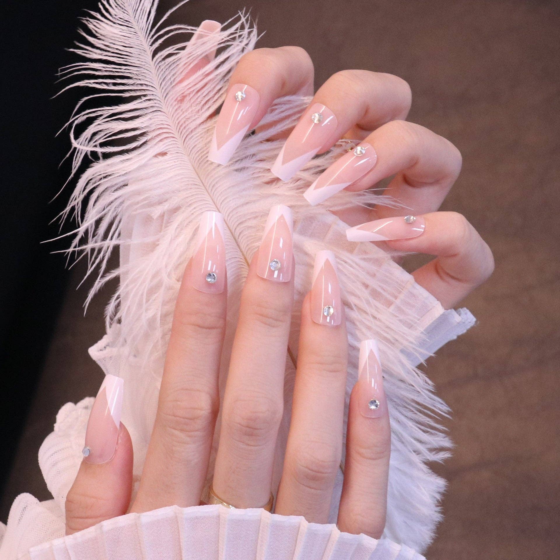 White Long Square French Tip Press On Nails with Jewels for wholesale on Faire4