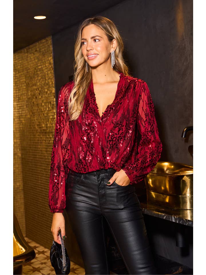Urban Touch – wholesale Bodysuit - Dam – Paljett Wrap Bodysuit Med Långärmad Röd