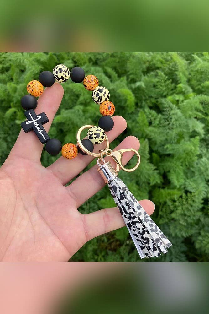 UNISHE - Venta al por mayor Llavero - Mujer - Llavero con borlas cruzadas y cuentas de leopardo ZK12594