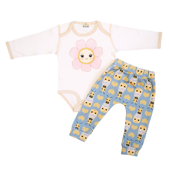 Conjunto de body rosa con flores + pantalón con estampado de abejas para venta al por mayor de Olly & Arya