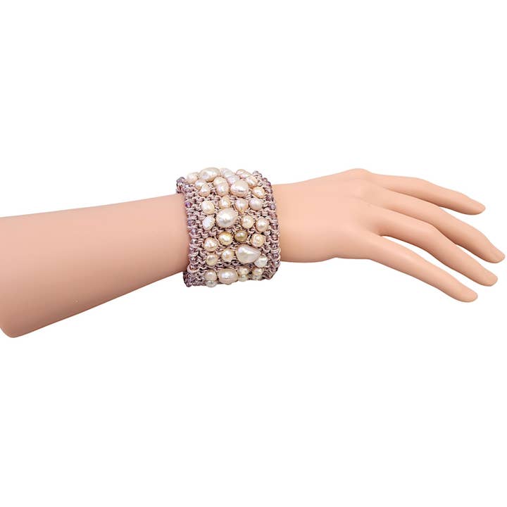 Bijoux Envie Statement Jewelry - Wholesale Cuff Bracelet - Pearl Cuff Bracelet | Pastel Pink | Crochet | Gold | Coastal