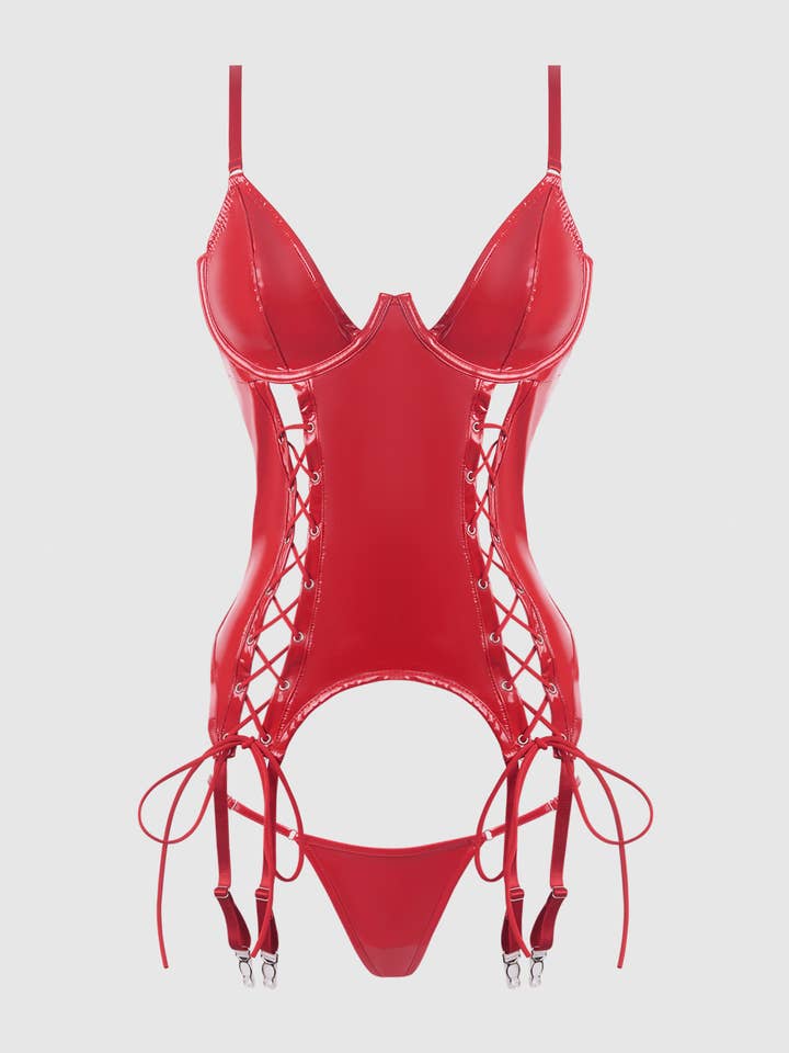 House of Desire - Vendita all'ingrosso Completino intimo - Donna - Set bustier e perizoma con chiusura a lacci in vernice TRINITY14