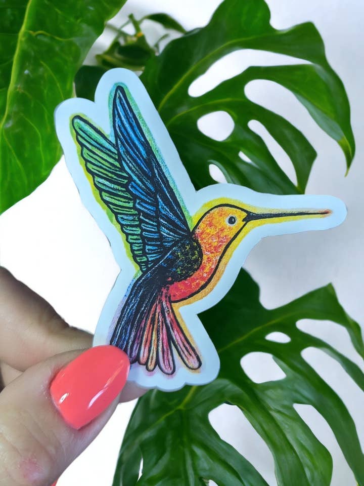Rainbow Hummingbird Weatherproof Vinyl Sticker for wholesale by Christina-Jane Norquay Art