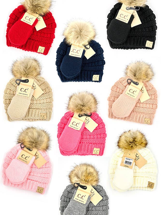 C.C Baby Solid Ribbed Pom Beanie and Mitten Glove for wholesale by Hana