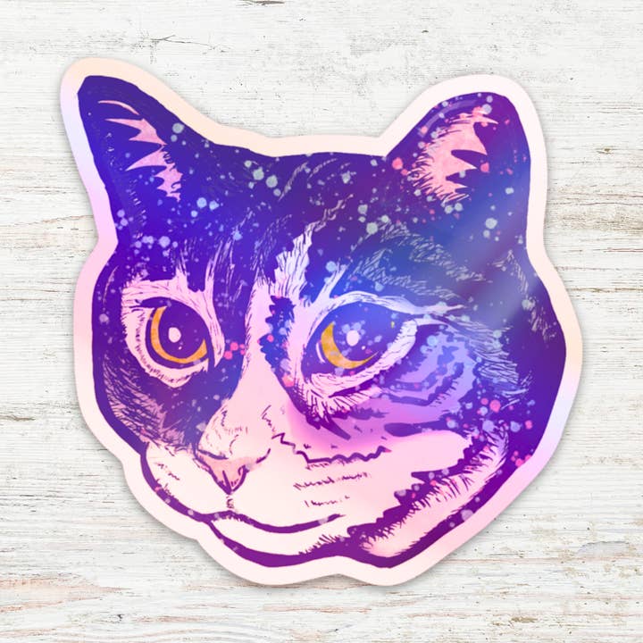 Galaxy Cat Face Holographic Vinyl Sticker for wholesale by Angry Gato Designs