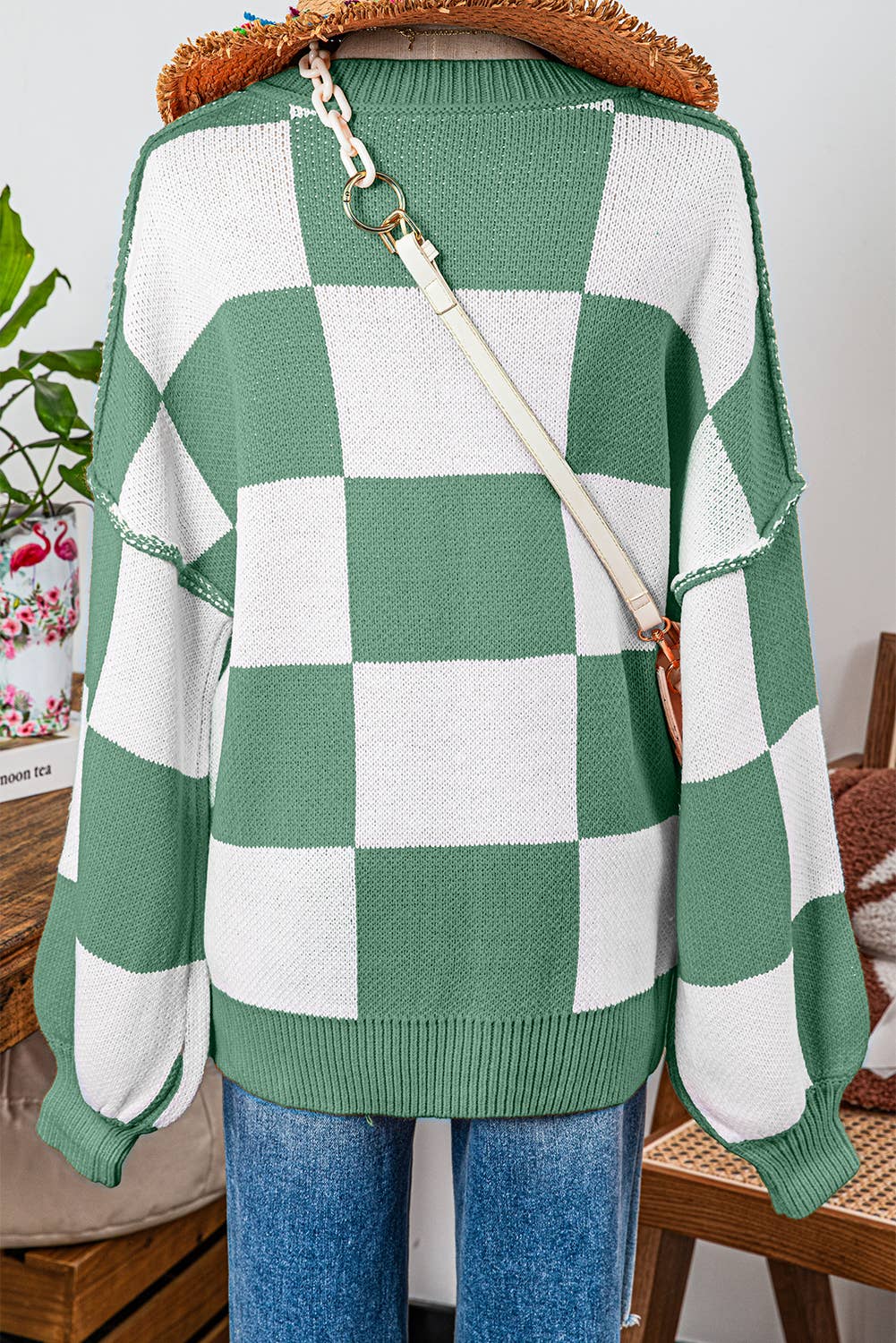 fashionworks - Wholesale Knit Sweater - Women's - Fashion-W Checkered Bishop Sleeve Sweater*S-2XL3