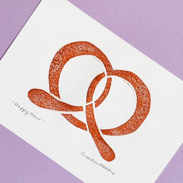 Impresión de linograbado hecha a mano «Happy Hour» para venta al por mayor de Andrea Morris Studio