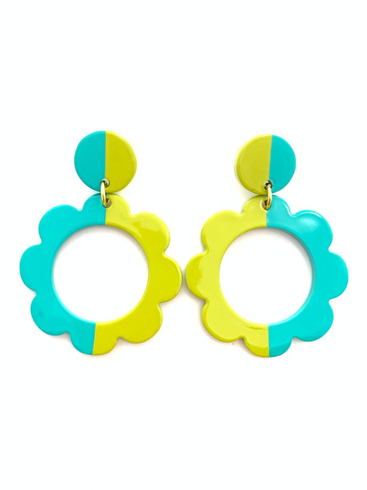 Posey Color Block Flower Earring in Aqua/Lime for wholesale by Accessory Jane