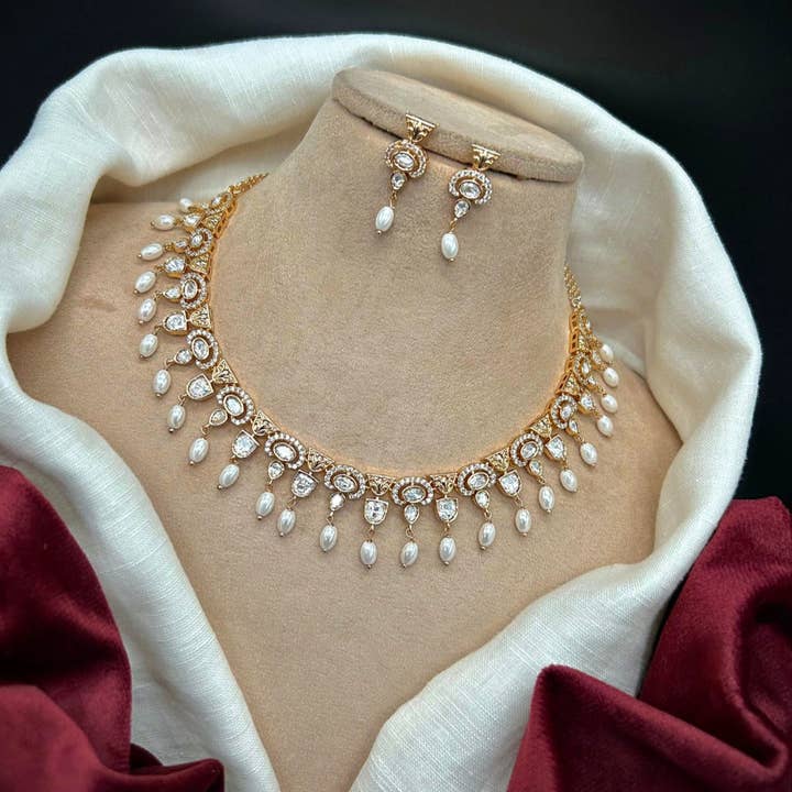 Pearl Raaga Necklace Set – Gold-Plated CZ & Drop Pearl Bridal Jewellery for wholesale by Vinnis Jewelry