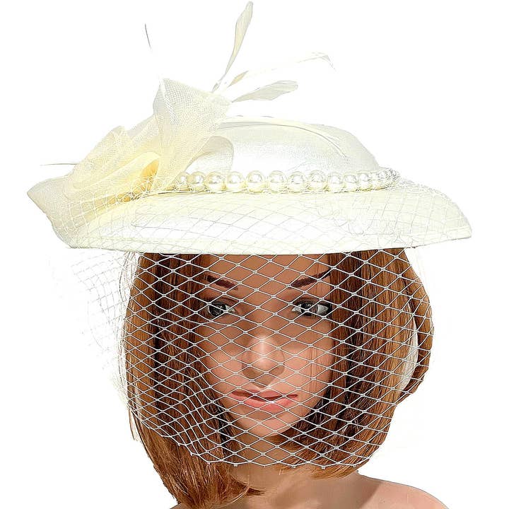 Diacly - Wholesale Fascinator Hat - Women's - Front Veil Bold Pearls Satin Fascinator Hat