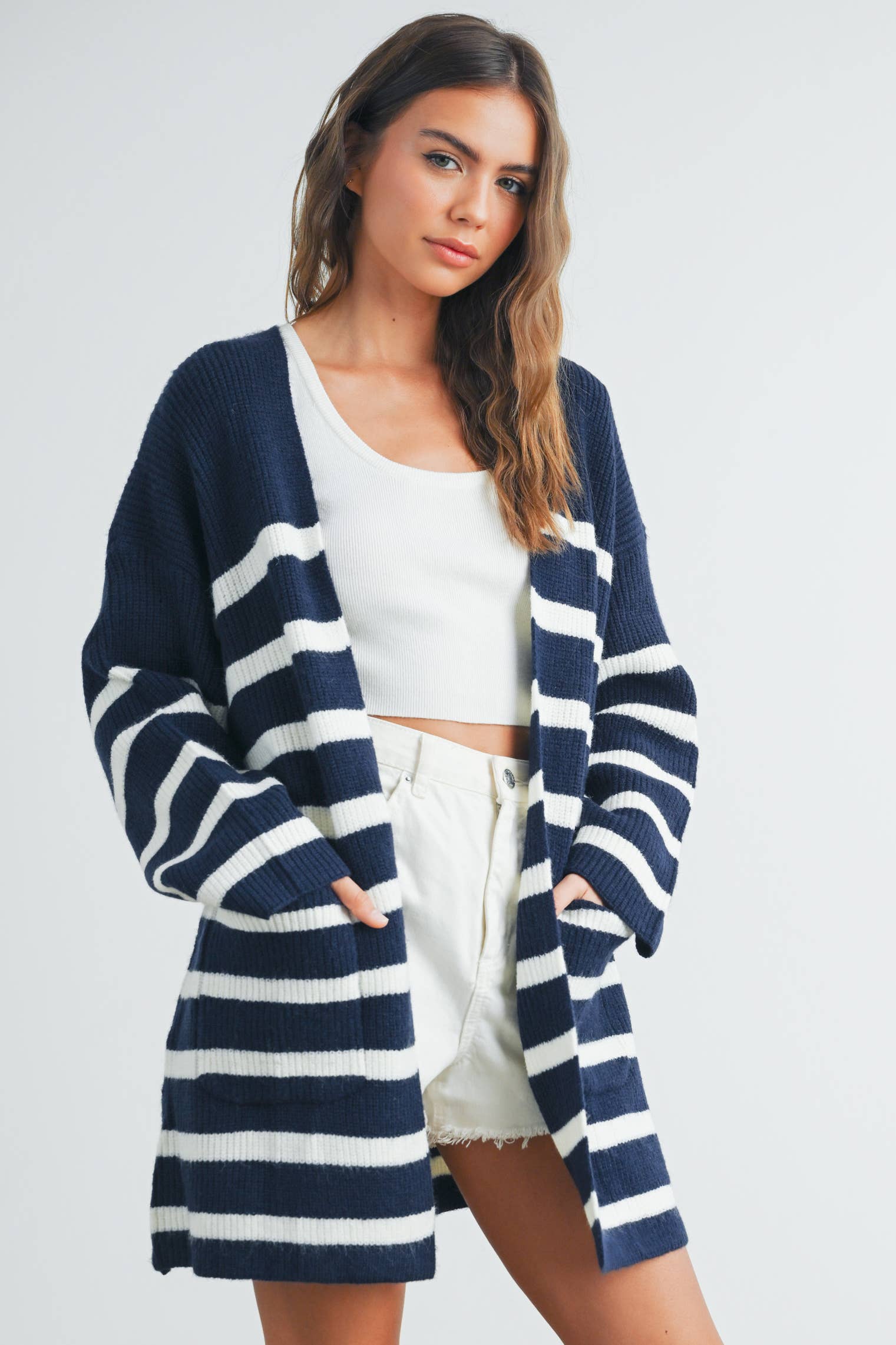BUTTERMELON - Vente Cardigan – femme - Cardigan long à rayures tricoté - BMC731624