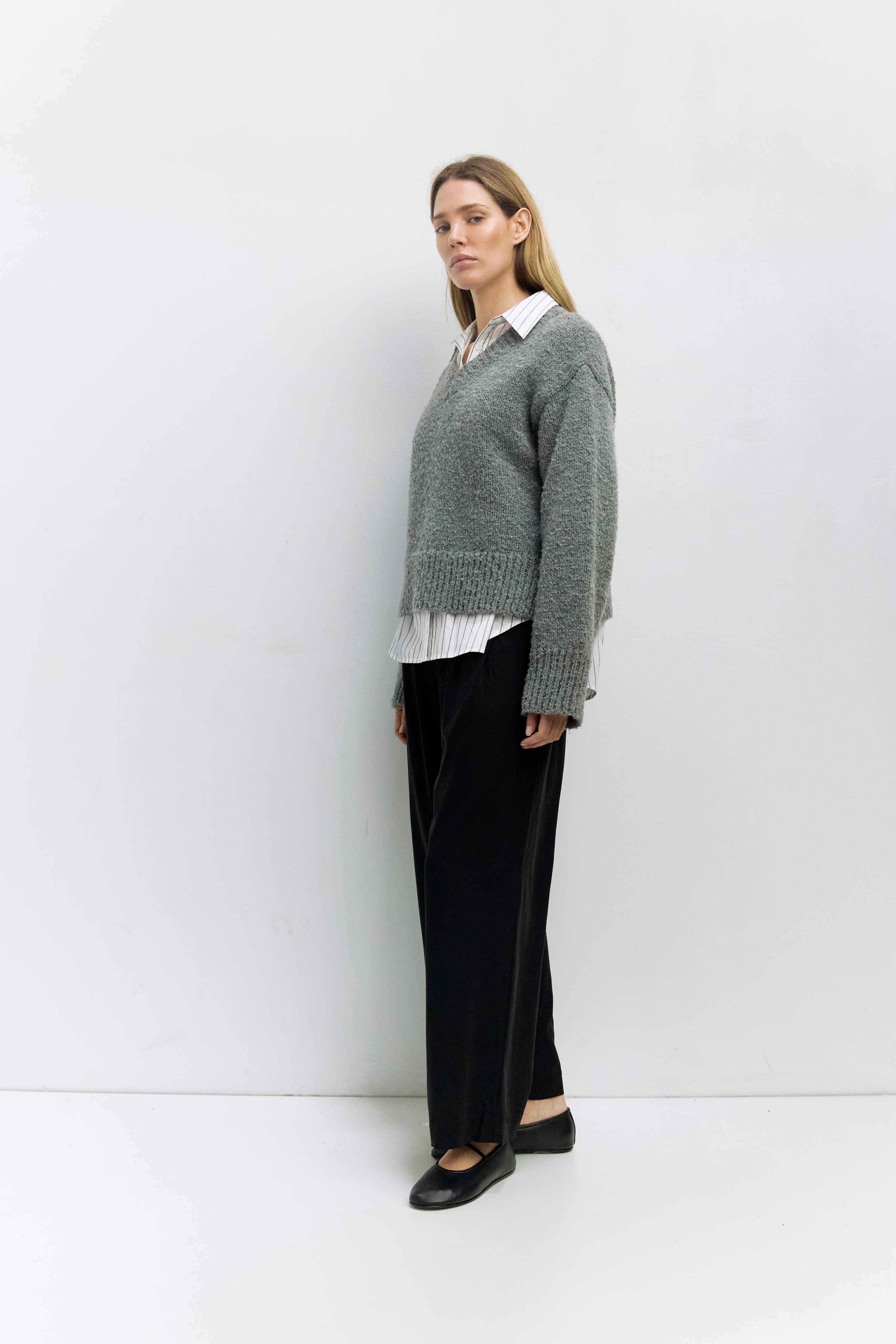 MOD REF - Wholesale Knit Sweater - Women's - The Glen Sweater | Oversized Boucle Knit V-Neck Sweater12