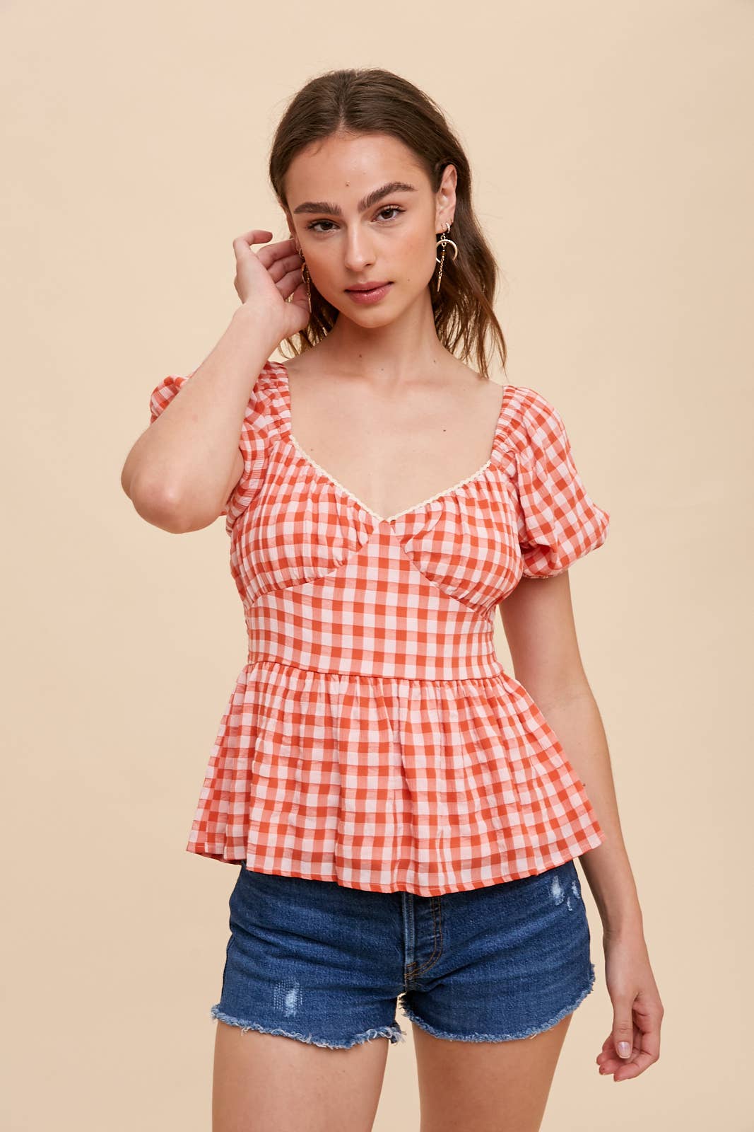 In Loom - Wholesale Blouse - Women's - GINGHAM SWEETHEART NECKLINE BLOUSE7