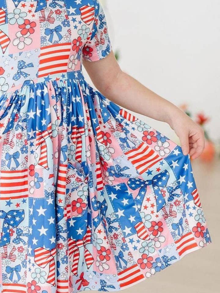 Patriotic Patchwork S/S Pocket Twirl Dress for wholesale by Mila & Rose