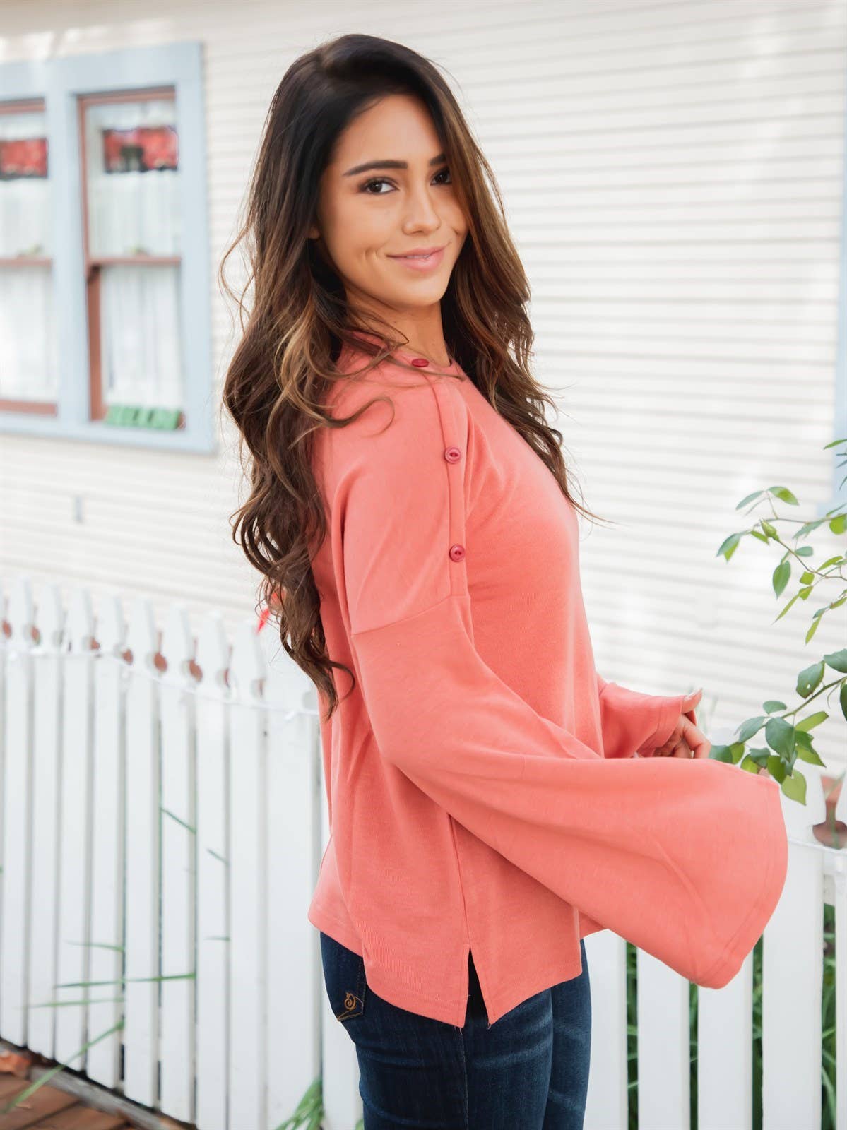 Tickled Teal - Wholesale Blouse - Women's - Bell Sleeve Button Detail Perry Top1