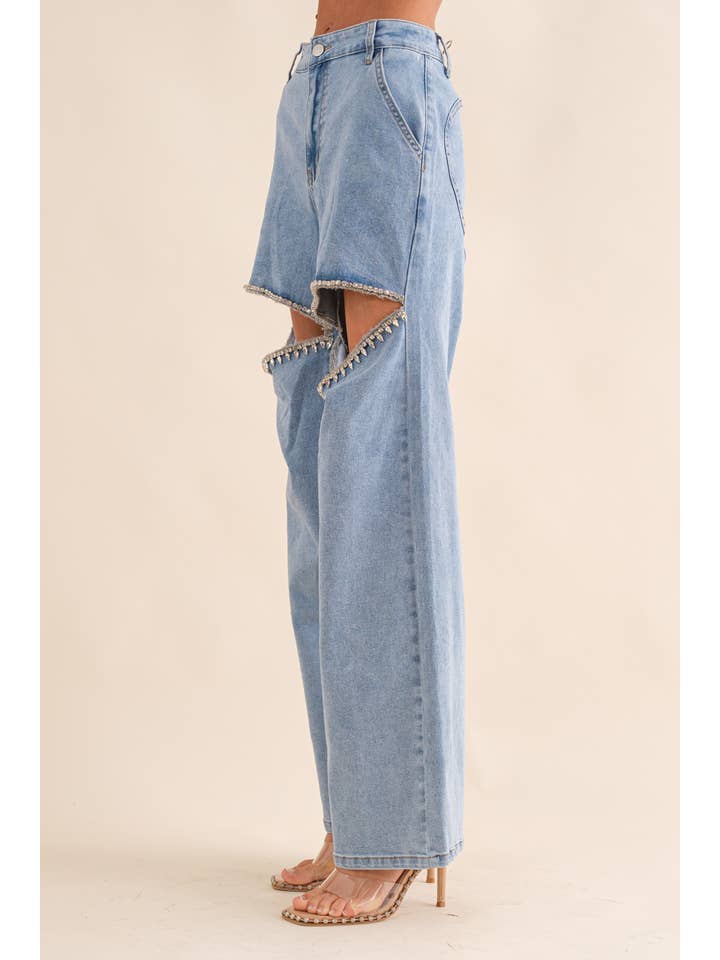 Blue B - Wholesale Jeans - Women's - 15137P-1 - Cut Out Front Rhinestone Washed Denim Jeans15