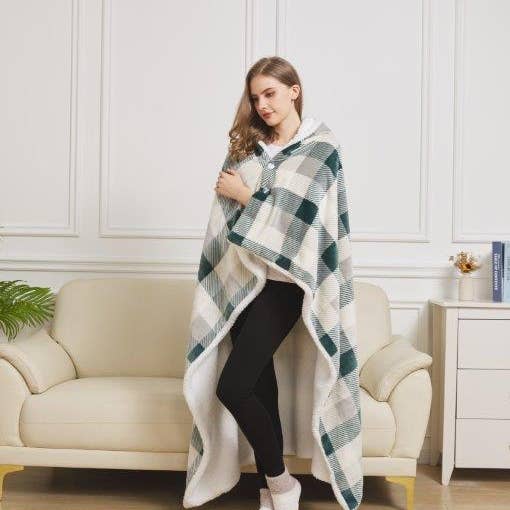 "Green and Gray Plaid" Faux Fur Plush Hooded Throw Blanket for wholesale by Duke Imports