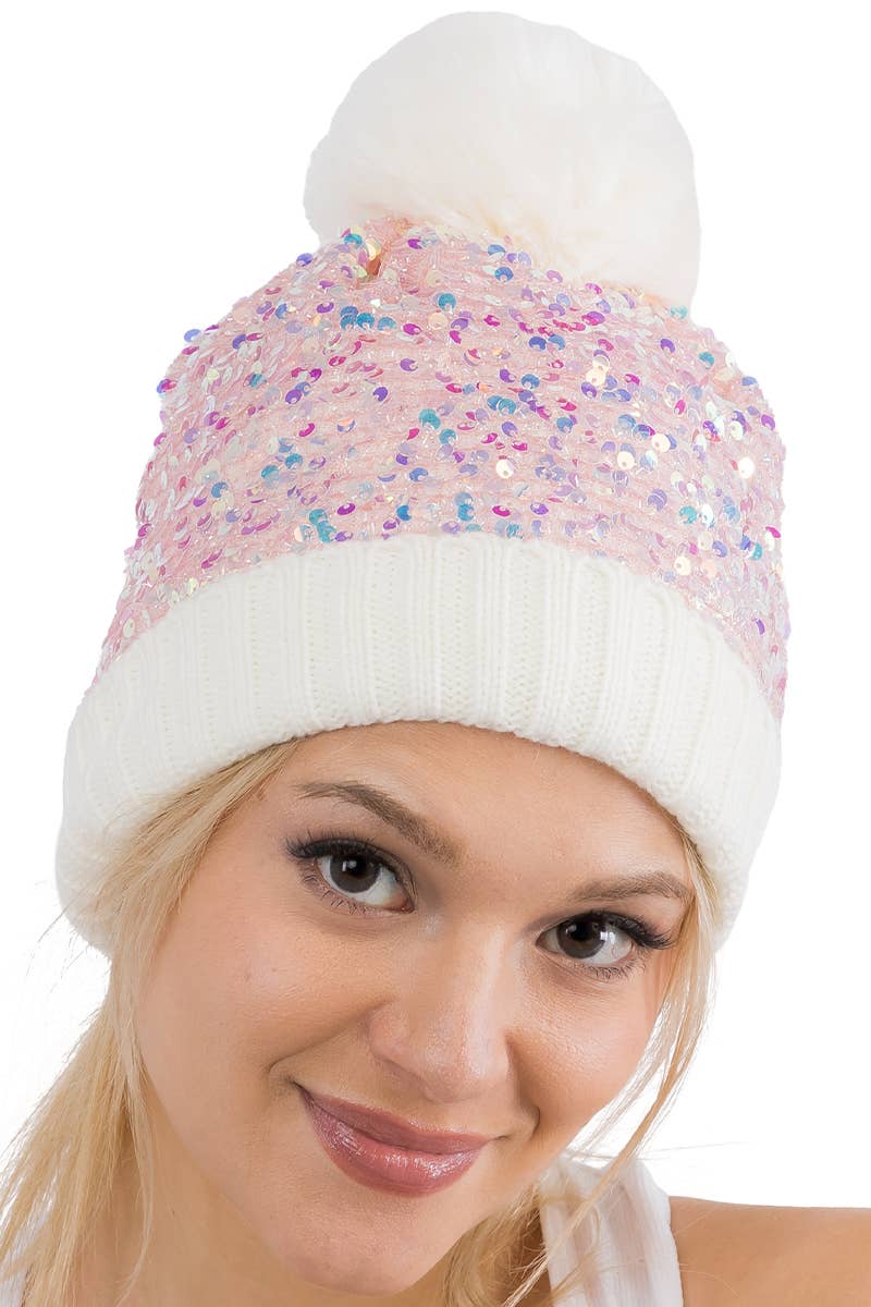Cap Zone - Vente Bonnet – femme - Bonnet à pompon en tricot à paillettes métalliques Beazzled17