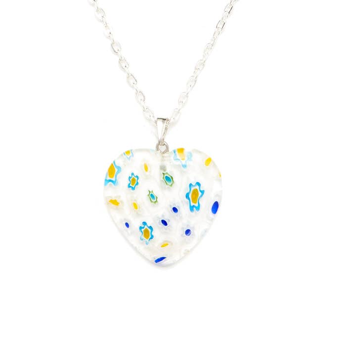 NUEVO! Collar Millefiori con forma de corazón transparente, azul, amarillo y verde para venta al por mayor de Tree of Life Gems