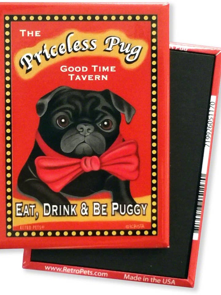 Magnete da frigorifero 4 pezzi 'Priceless Pug Tavern' Carlino Nero per la vendita all'ingrosso da parte di Retro Pets