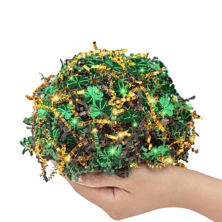 St Patricks Day Crinkle Cut Paper w/Clover Confetti for wholesale by Posh Paper