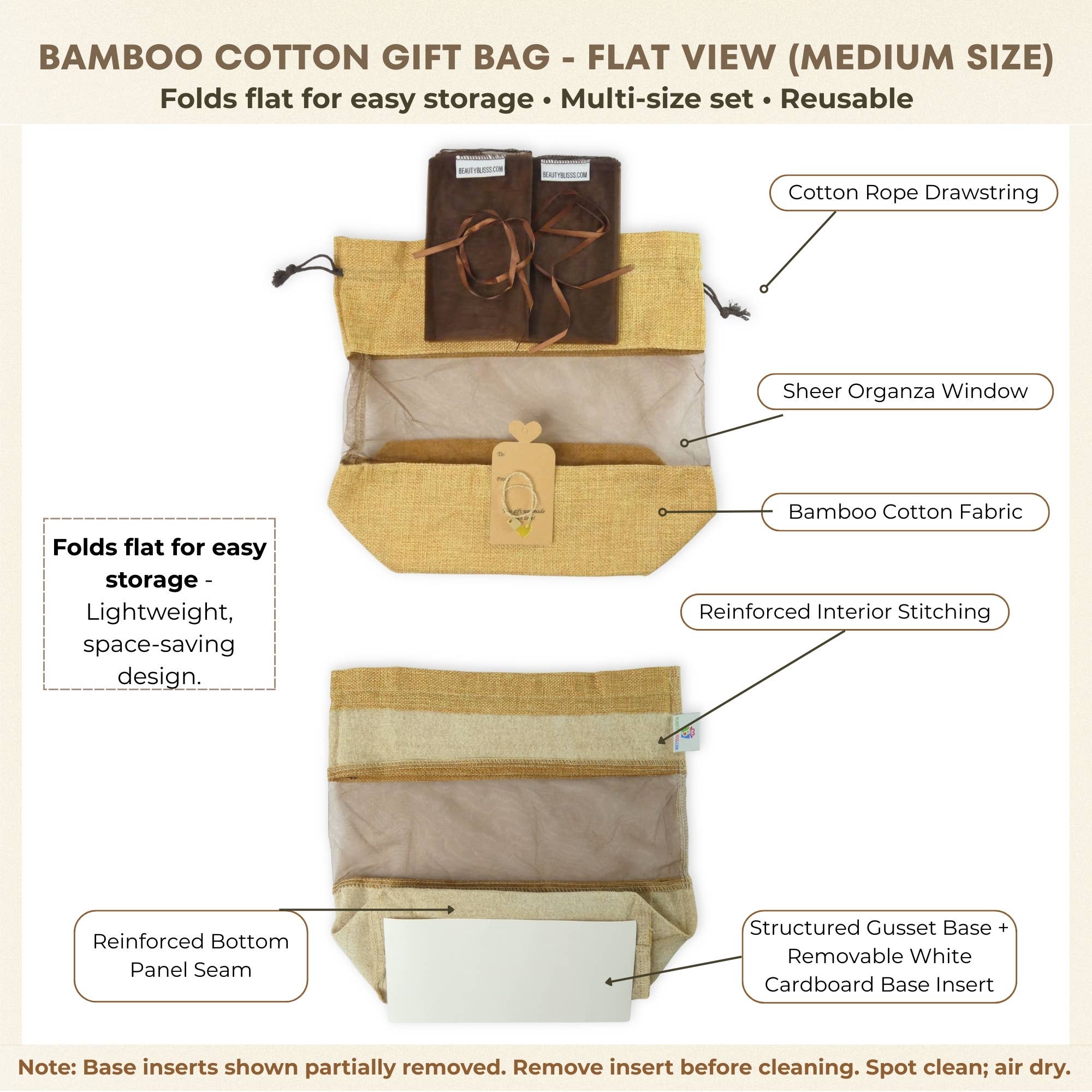 Beauty Blisss - Wholesale Gift Bag - Bamboo Cotton Gift Bag MEDIUM, Light Brown, Tag, 2 Wraps4