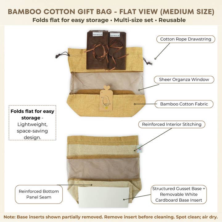 Beauty Blisss - Wholesale Gift Bag - Bamboo Cotton Gift Bag MEDIUM, Light Brown, Tag, 2 Wraps4