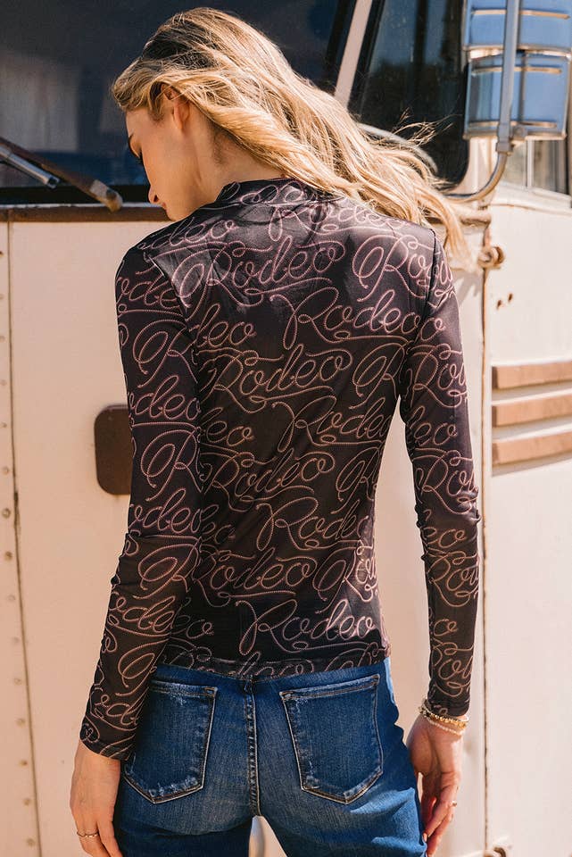AS SHOWN Western Rodeo Mock Neck Long Sleeve Mesh Top for wholesale on Faire1