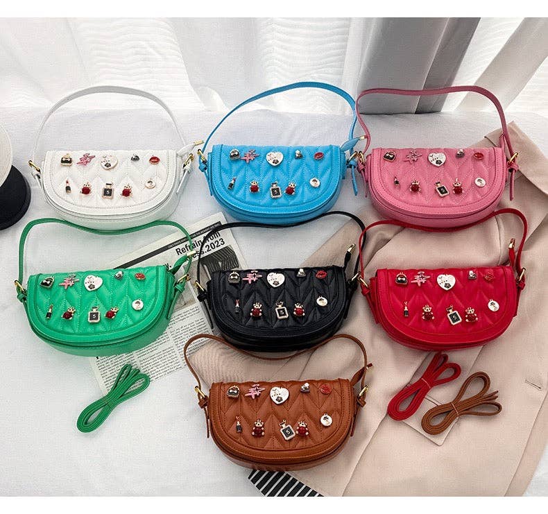 MB Fashion Wholesale - Wholesale Crossbody Bag - Women's - Every Fashion Charm Saddle Crossbody Bag – Quilted PU Leather with Cute Charms 27714