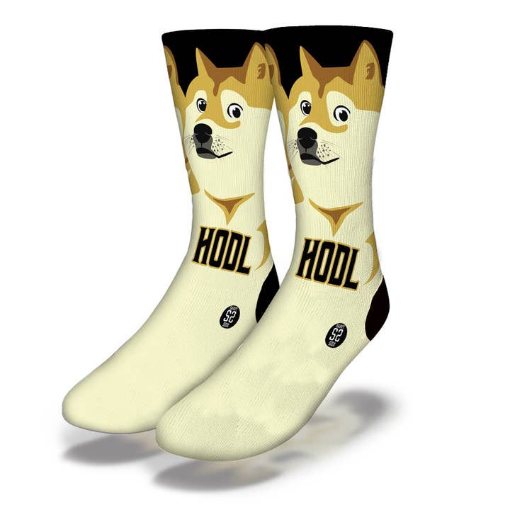 DOGECOIN HODL Funny Crypto Meme Socks for wholesale by Savvy Sox