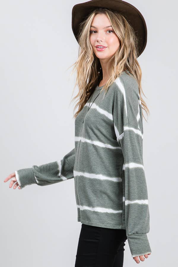 7th Ray – Engroshandel Strikket top - Dame – Stribet Tie Dye V-søm Drop Shoulder Langærmet Top T356510