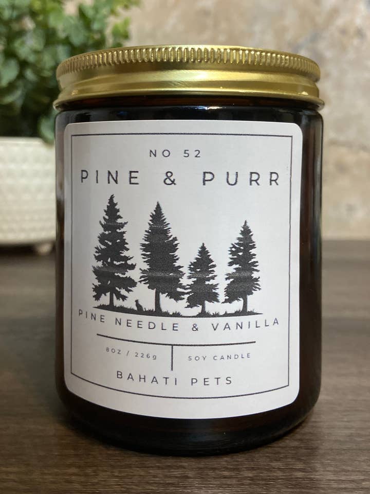 Pine & Purr 8-ounce Soy Candle for wholesale by Bahati Pets