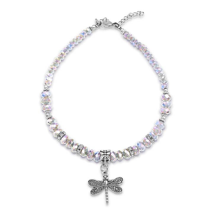 Dragonfly Luster Clear Hue Faceted Crystal Beaded Anklet for wholesale by BESHEEK JEWELRY