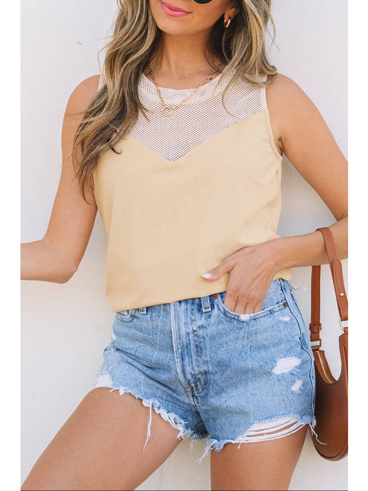 Oatmeal Mesh Patchwork Crewneck Summer Tank Top for wholesale on Faire