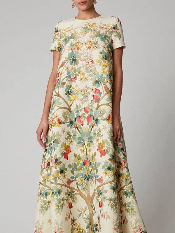 Apricot A-Line Loose Flower Print Round-Neck Maxi Dresses for wholesale on Faire1