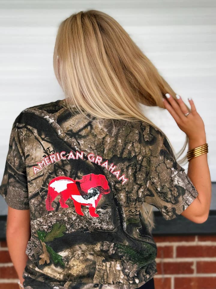 RED & BLACK ATTACK Abstract Bulldog Camo Unisex Graphic T-Shirt - American Graham Apparel for wholesale by American Graham Apparel