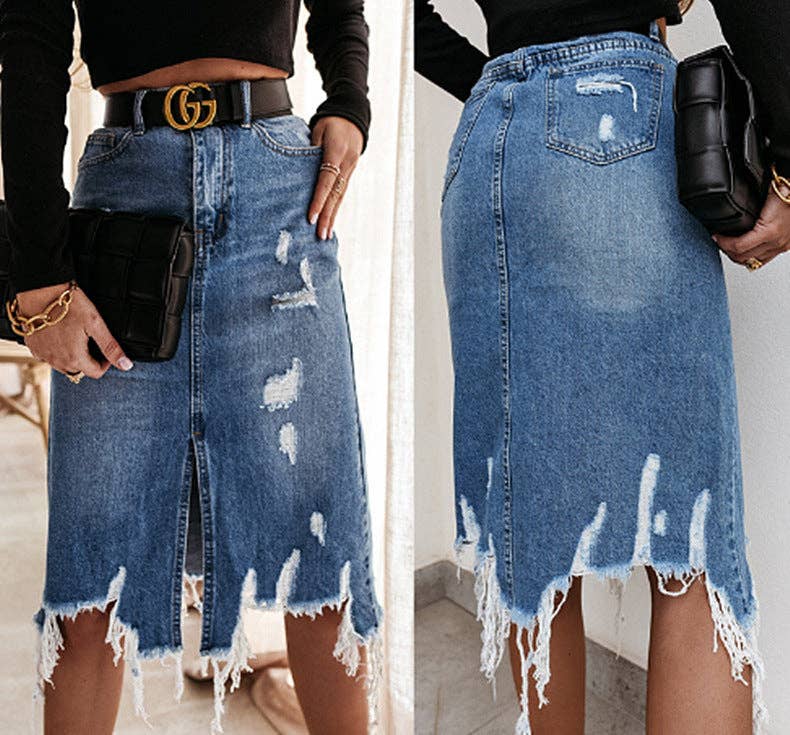 Sweetkama – wholesale Skirt – Women’s – High Waist Distressed Split Daily Denim Midi Skirt SKS66973