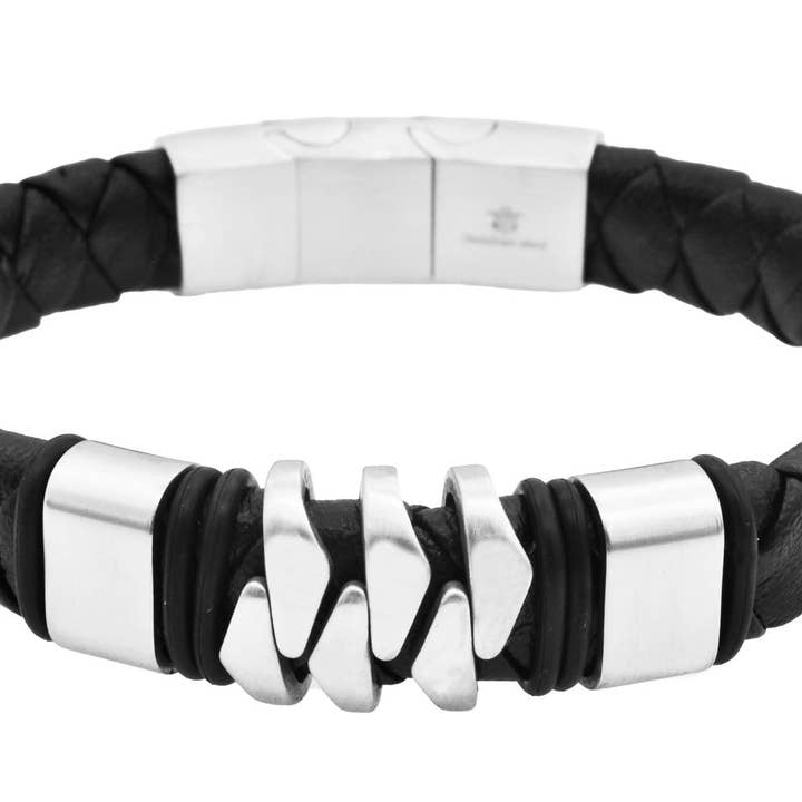 Pulseira masculina de couro preto com aço inoxidável - 1,9 cm de largura por atacado de Blackjack Mens Jewelry
