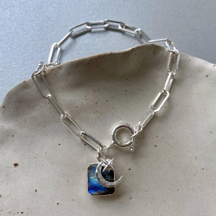 Labradorite Moon & Star Gem Slice Triple Chunky Chain Bracelet | Adventure (Silver) for wholesale by Decadorn