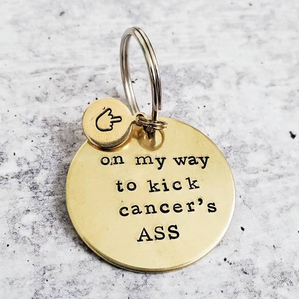 Fight Cancer Brass Key Chain with MIddle Finger or Ribbon for wholesale by Salt and Sparkle