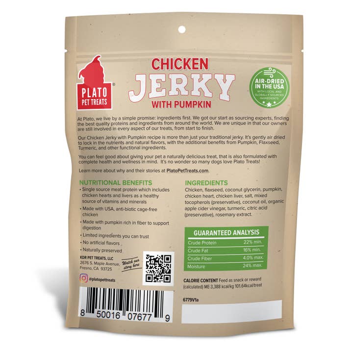 Pet Palette Distribution - Wholesale Pet Treats - Dog - Plato Pet Treats Chicken Jerky with Pumpkin 16oz