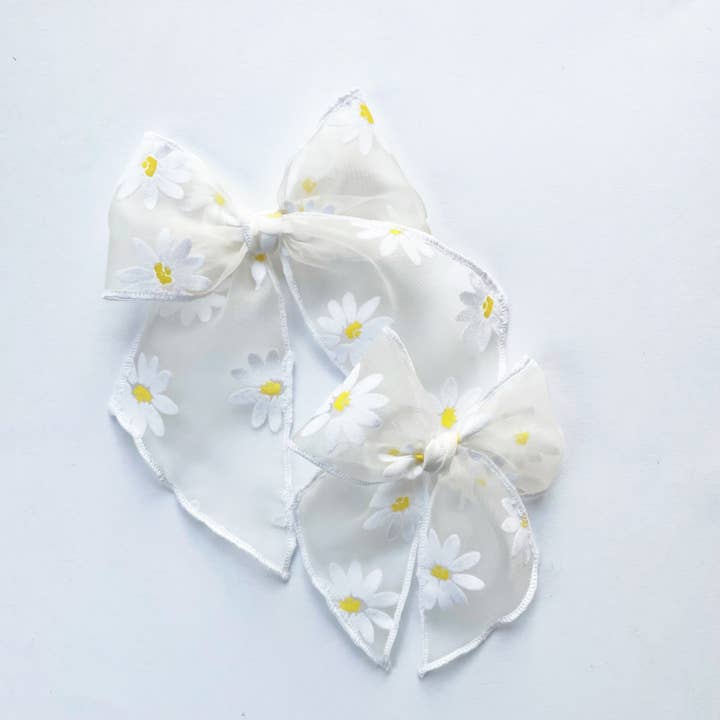 White Daisy Flocked Sheer Elle Hair Bow for wholesale by Lady Eleanor & Co