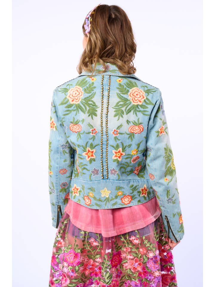 Lucinda Embroidered Denim Motorcycle Jacket for wholesale on Faire2
