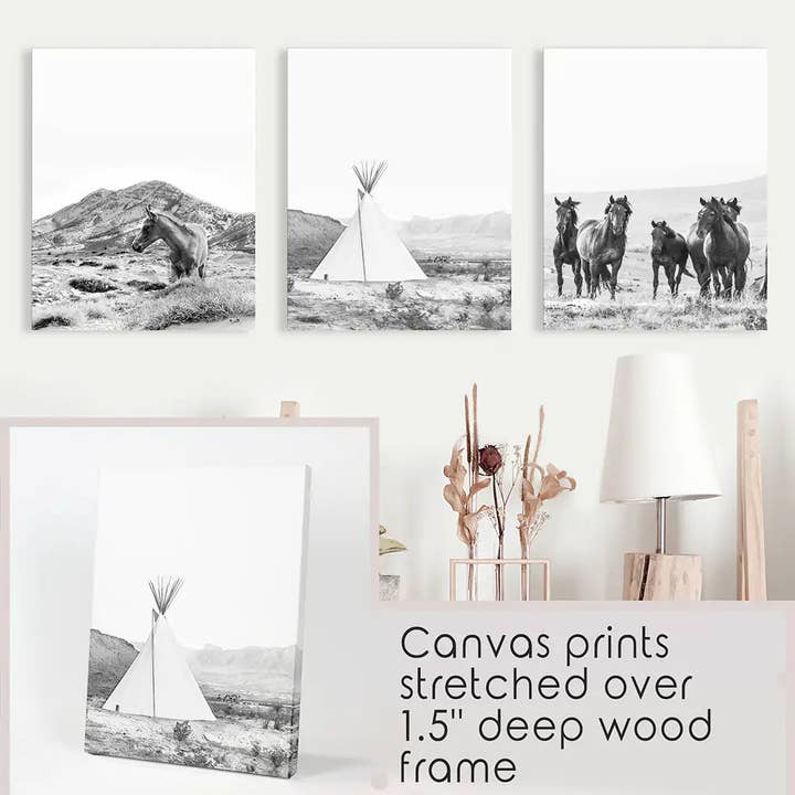 Art Lane - Wholesale Art Print - Black White Western Wall Art. Desert, Horses, Tepee Poster10