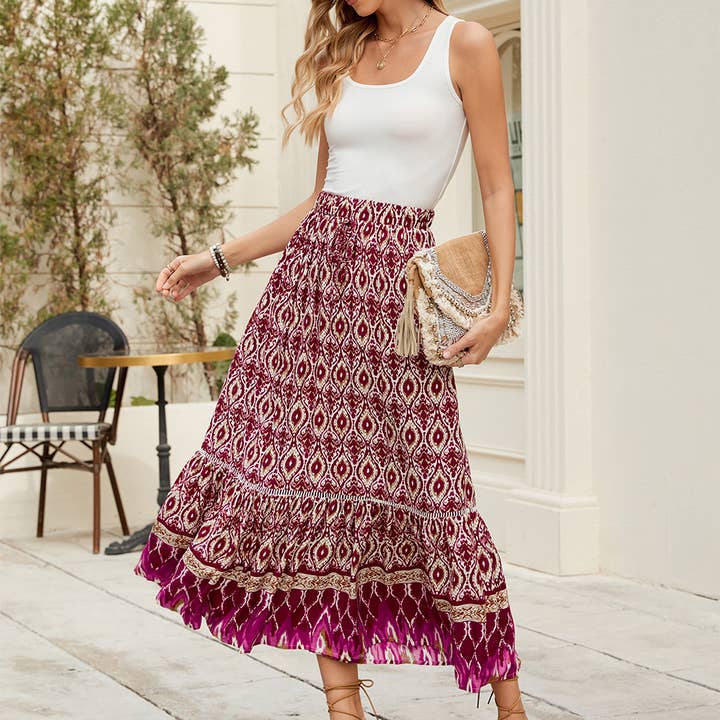 UNISHE – Großhandel Rock – Damen – Sommerliche Boho-Midirock mit Blumenmuster für den Strand ZK2674