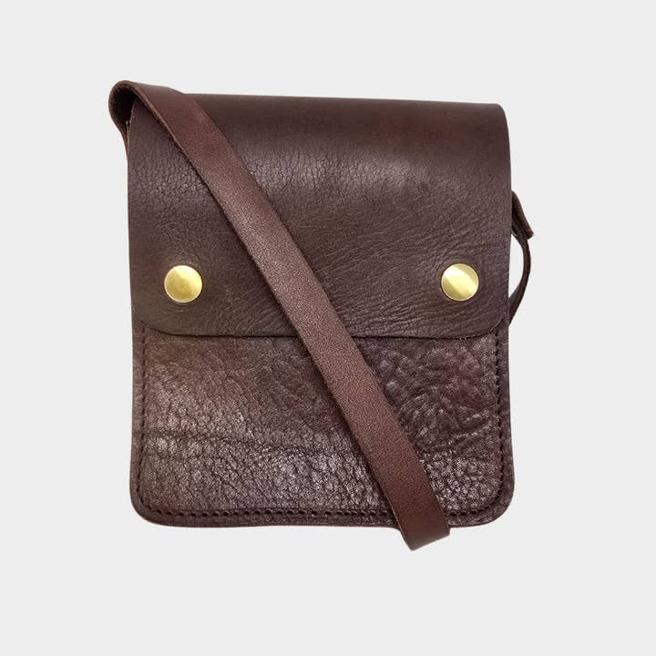 Small Leather Crossbody Bag with Pop Bag Closure Dark Brown for wholesale by Artisan Stories