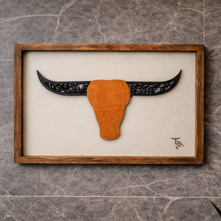 Ember & Elm Home Decor & More - Wholesale Art Print - Turquoise Longhorn Wall Art | Cowhide Face & Rustic Frame2