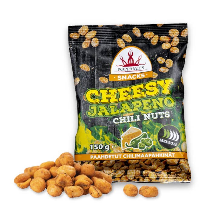 Poppamies Cheesy Jalapeno Chili peanuts - Spicy Nuts are Great choice for snacking - Gluten Free - Medium Spiciness - 150g for wholesale by Lukata LTD